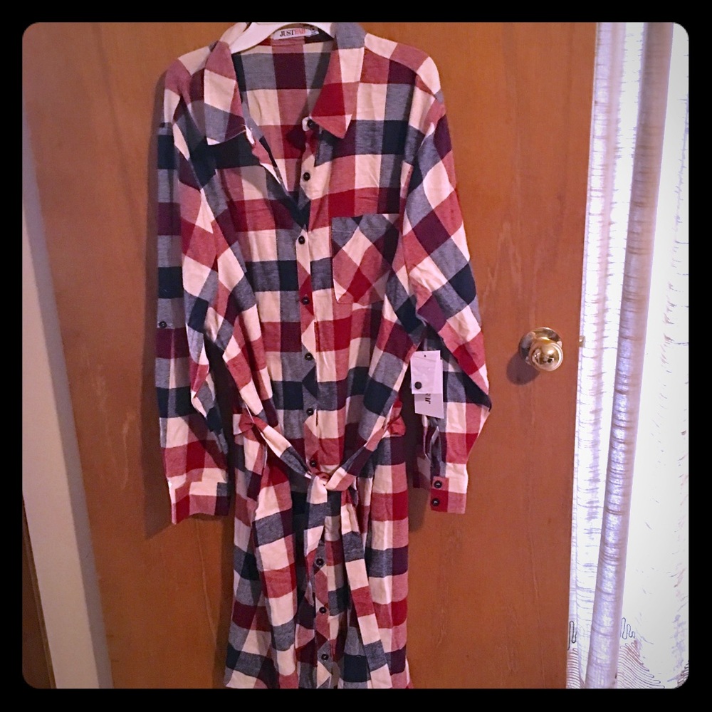 Black and deep red plaid check belt dress tunic
